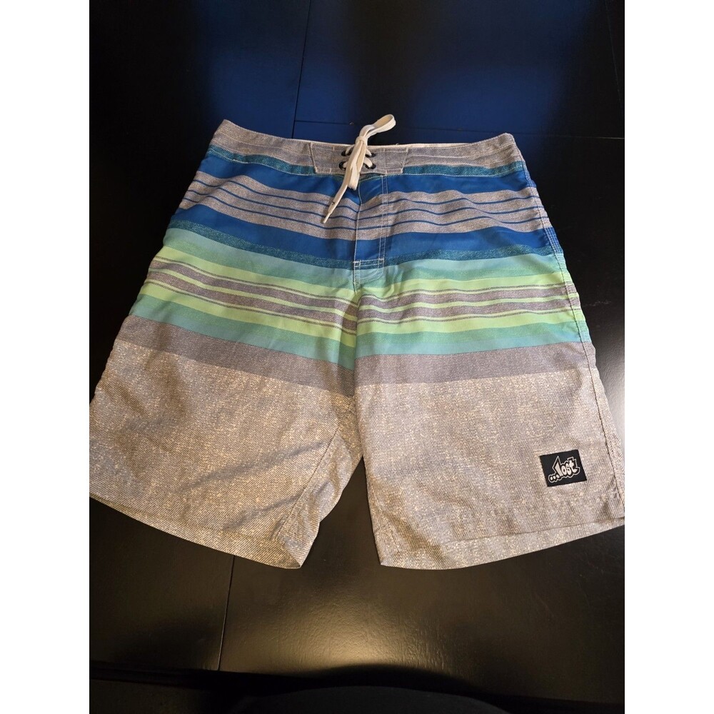 ...Lost Enterprises Mens Board Shorts Size 32 Blue Green Striped Surf Swim Trunk